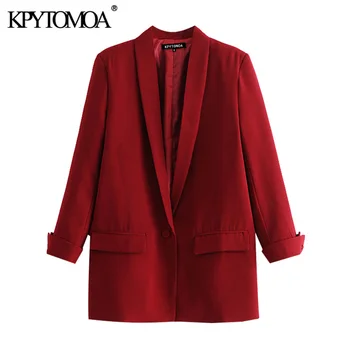

KPYTOMOA Women 2020 Fashion Office Wear Pockets Blazer Coat Vintage Three Quarter Sleeve Female Outerwear Chic Tops