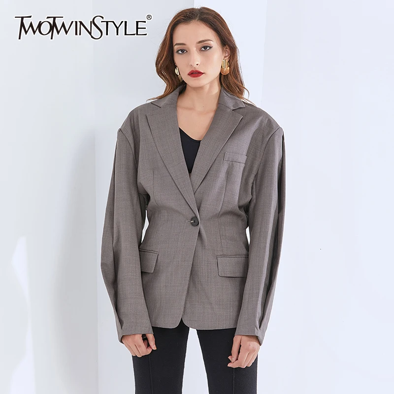

TWOTWINSTYLE Casual Tunic Blazer For Women Notched Long Sleeve Casual Gray Blazers Female Fashion New Clothing 2020 Autumn Tide