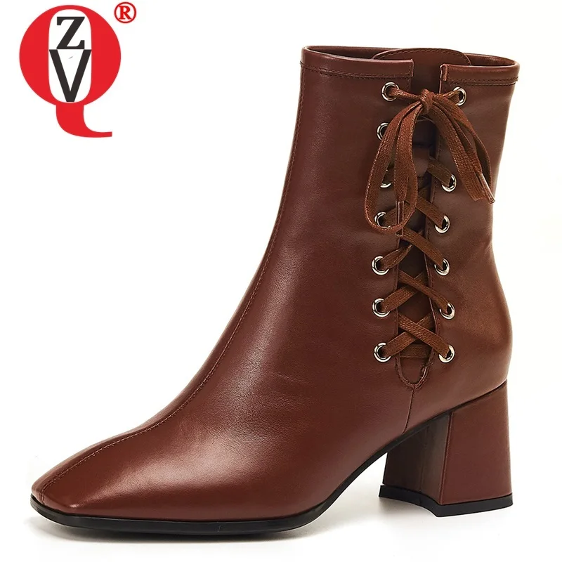 

ZVQ winter new fashion ankle boots outside high heels square toe genuine leather cross-tied office women shoes drop shipping
