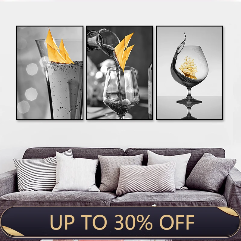 Modern Black Wine Glass with Boat Wall Art Canvas Painting Pictures Posters and Prints Gallery Dining Room Home Decorations | Дом и сад