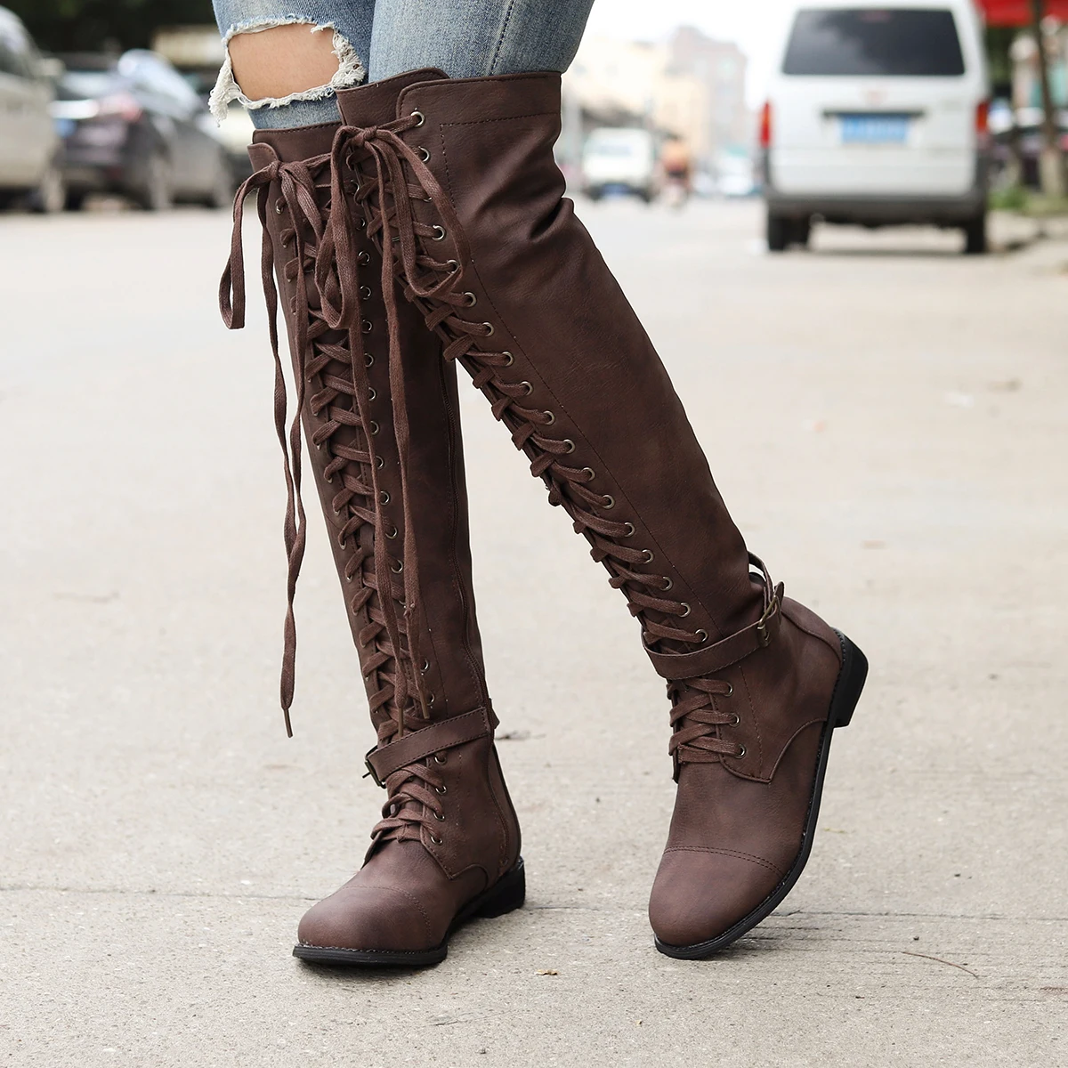 

2019 New Plus Size Women Shoes Lace up Female Over The Knee Boots Women Thigh High Boots Fashion Suede Leather High Heels