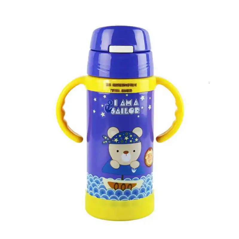 Eco-Friendly 500ML Baby's Vacuum Water Bottle handgrip Children Powdered Milk Thermals cup Stainless steel straw Thermos Flasks