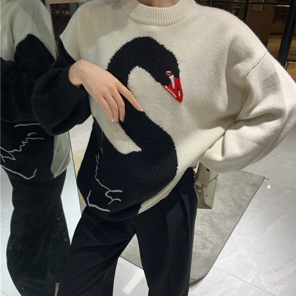 

Women Sweater Pullover Knit 2020 Loose Fashion Splicing Contrast Black Swan Thick Autumn And Winter Long Sleeve Jumper Slim