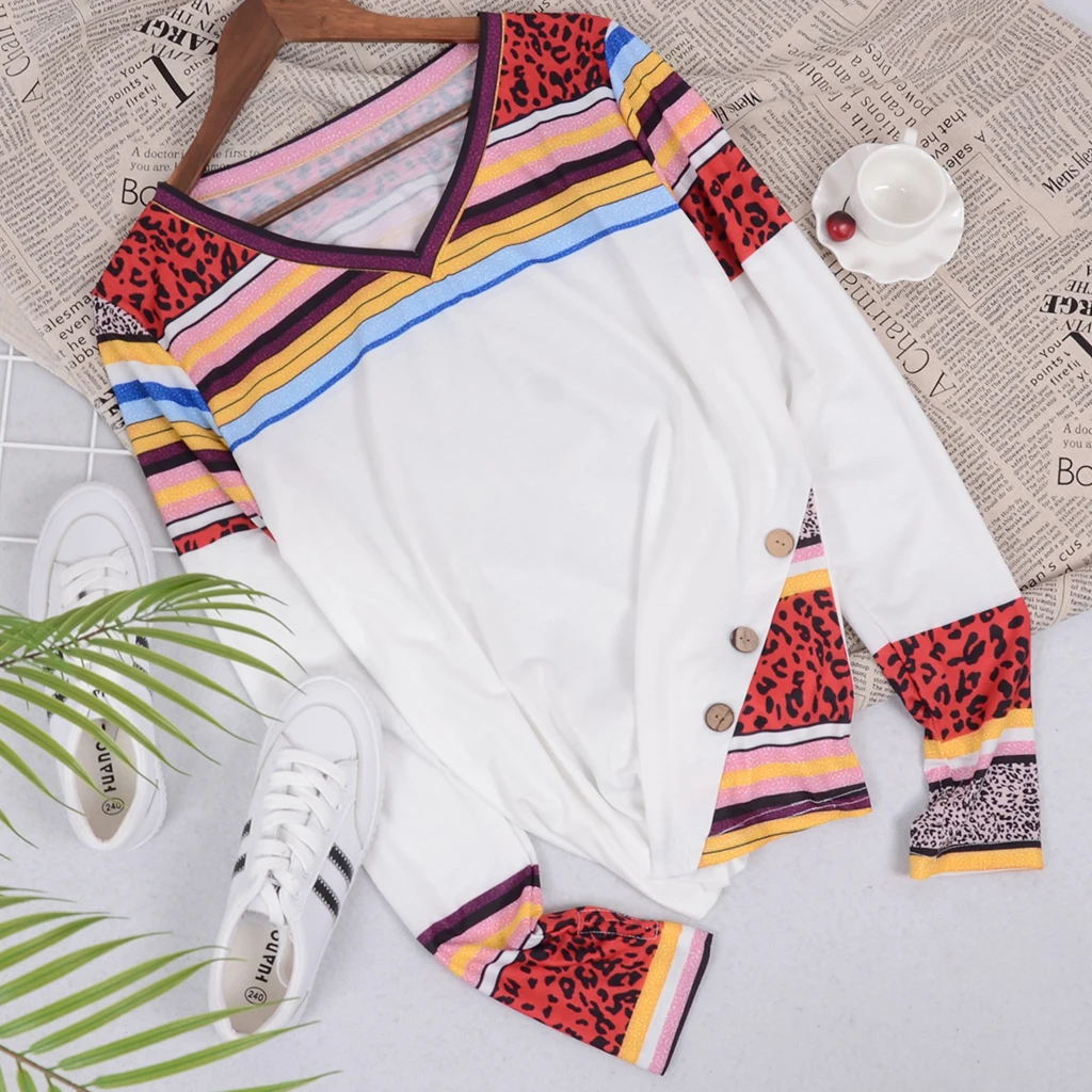 

Women Autumn New Fashion Printed Long Contrast Top V Neck Long Sleeved Casual Loose T-shirt Plus Size Lady Clothes