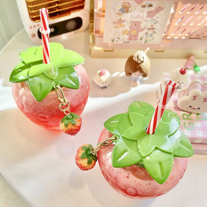 Creative Picnic Portable Water Cup with Simulation Strawberry Ornament Cartoon Cute 3D Strawberry Straw Cup