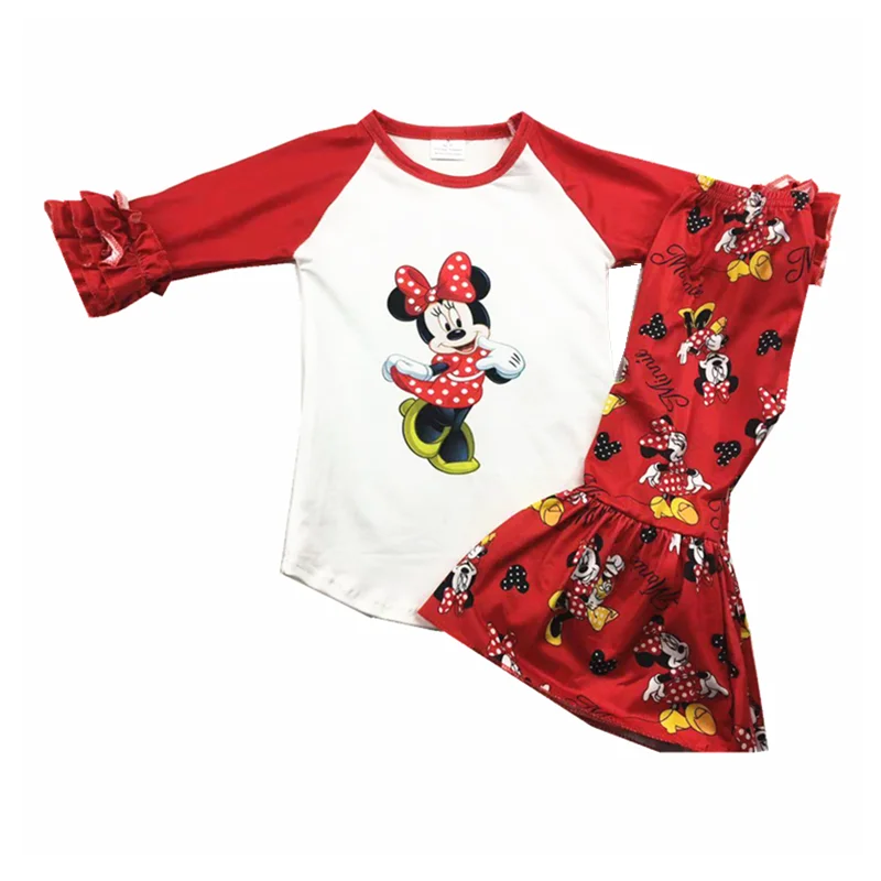 Adorable baby outfits cartoon pattern raglan ruffle sleeves bell bottom ...