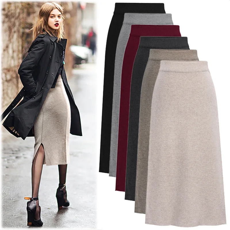 

Wool Skirt Women's Medium Length Large Autumn Winter Wool Woven Skirt with Split Wrap Hip Skirt High Waist Long Skirt