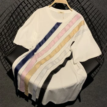 

2020 spring new color patch strip cotton t-shirt large size women long loose short-sleeved top tees