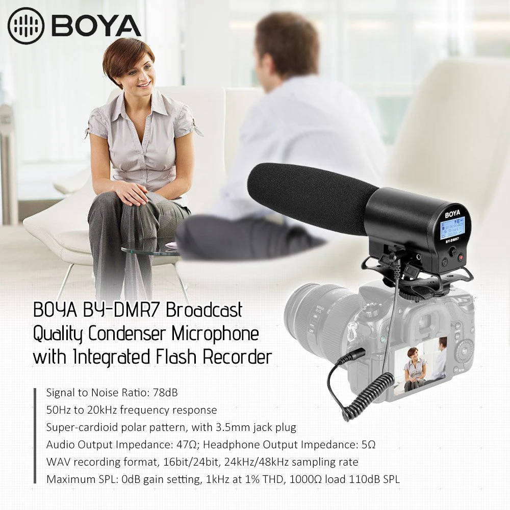 BOYA BY-DMR7 конденсаторный микрофон на камеру 3,5 мм ЖК Аудио кабель Запись студия голос профессиональный микрофон для DSLR камеры s