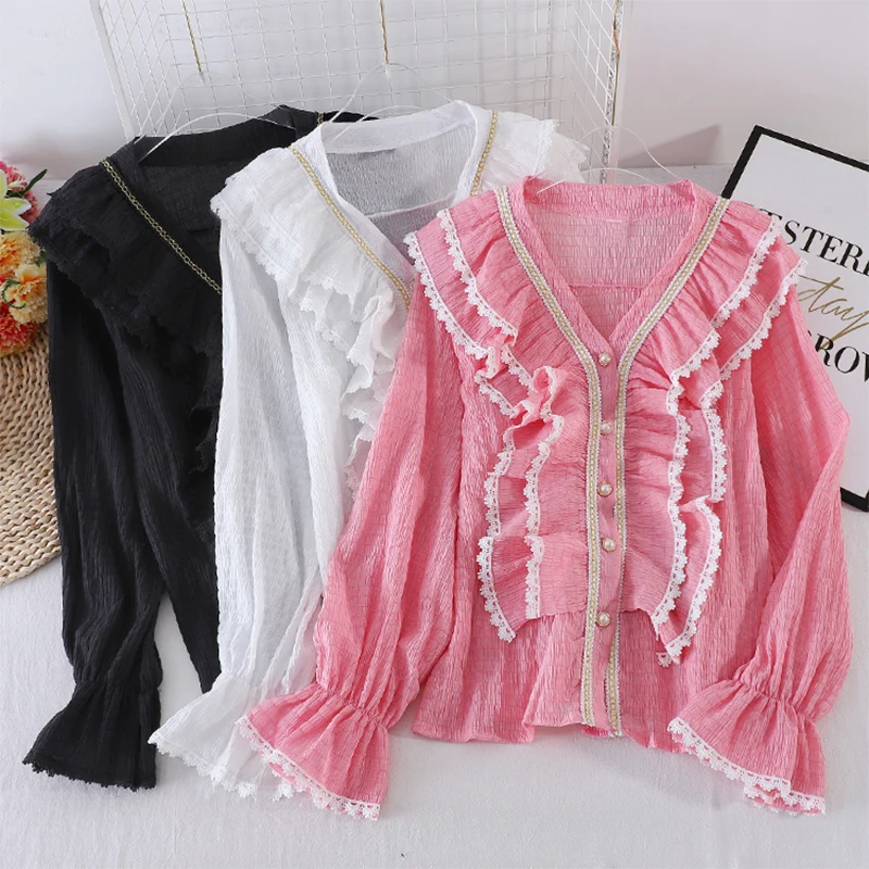 

Chic Ruffles Shirts Women 2020 Summer Autumn Long Sleeve Lace Patchwork Single Breasted Pink Top Womens Tops And Blouses