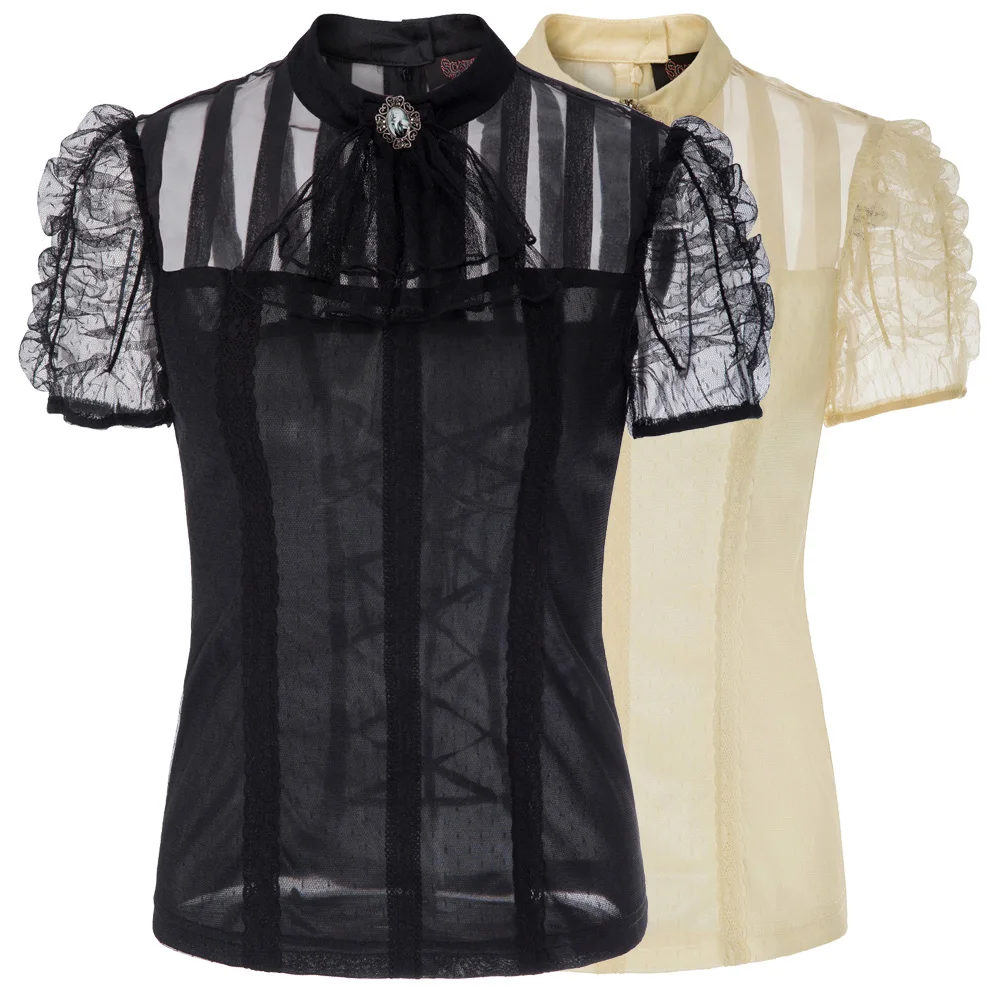 Элегантная женская блузка топы летние готические органзы Стимпанк Викторианский стиль кружевные буффы на рукавах Сращивание прозрачная рубашка Дамы