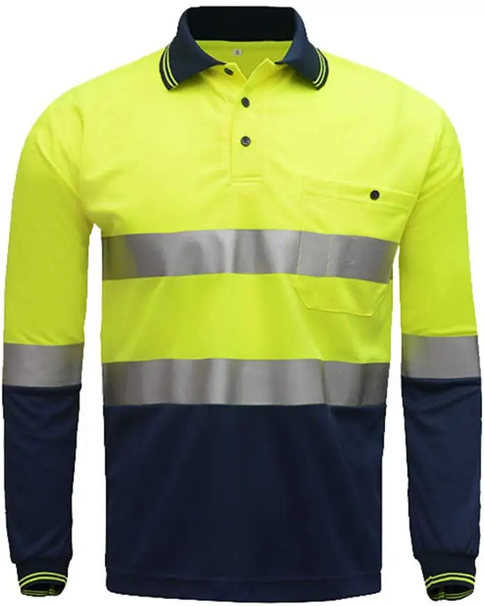 Yellow and Navy Высокая видимость рубашка с длинным рукавом, двухцветная желтая темно-синяя рубашка со светоотражателями покроя поло со светоотражающими полосками Hi Vis Рабочая одежда - Цвет: Yellow and Navy