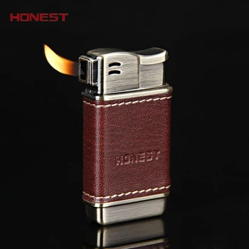 

Honest butane gas Inflatable lighter high grade cigar lightr red flame. real leather .men's smoking gift