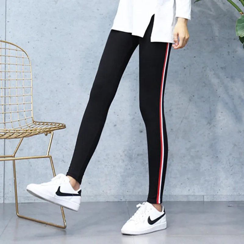 

2019 New Cotton Women Leggings Side Stripes High Waist Plus Size Pencil Pants Autumn and Winter Leggins Mujer Oversized Female