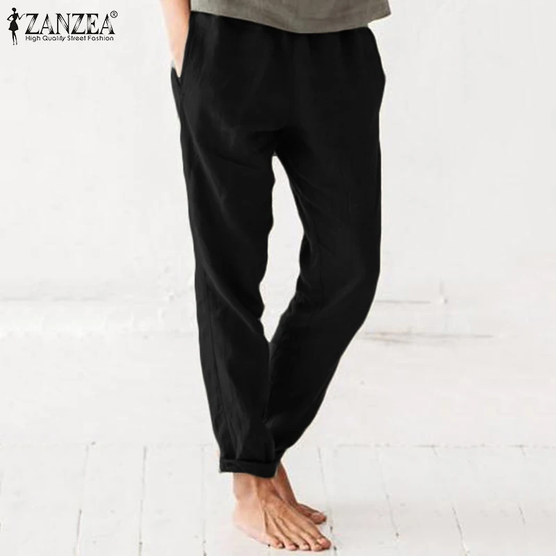 2019 ZANZEA Осенние повседневные длинные брюки хлопковые карманы Pantalon летние женские брюки Femme плюс размер эластичный пояс винтажные брюки 5xl