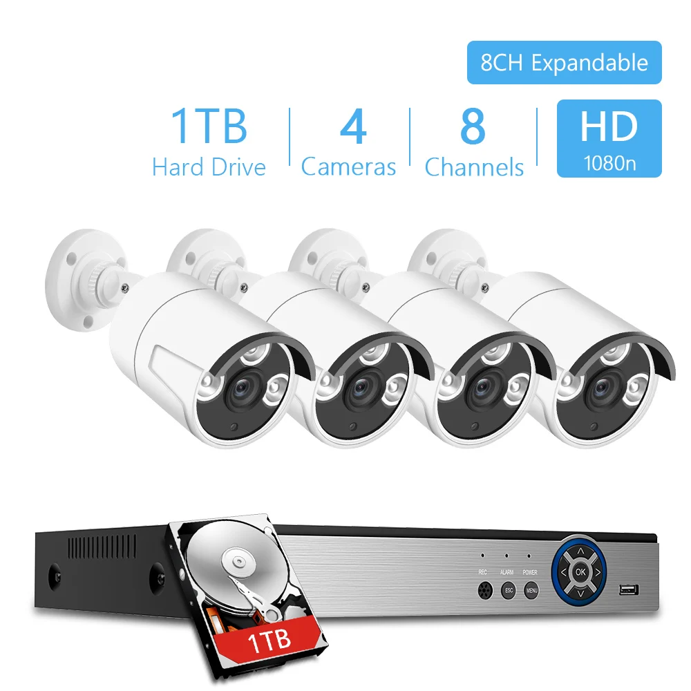 4CH 1080P камера Система безопасности DVR комплект 4 шт. 2 МП наружная Водонепроницаемая камера наблюдения Обнаружение движения удаленный доступ - Цвет: 8CH 4 Cameras