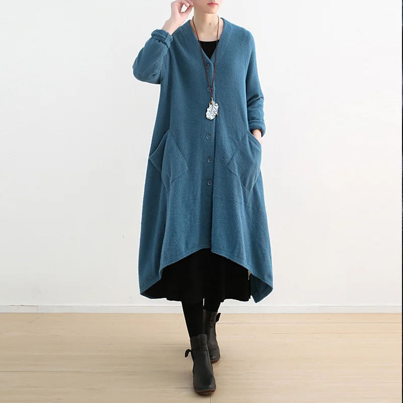 Johnature Women Knitted Wool Cardigan Sweaters Solid Color 2019 Autumn New Button Long Sleeve Pockets Irregular |