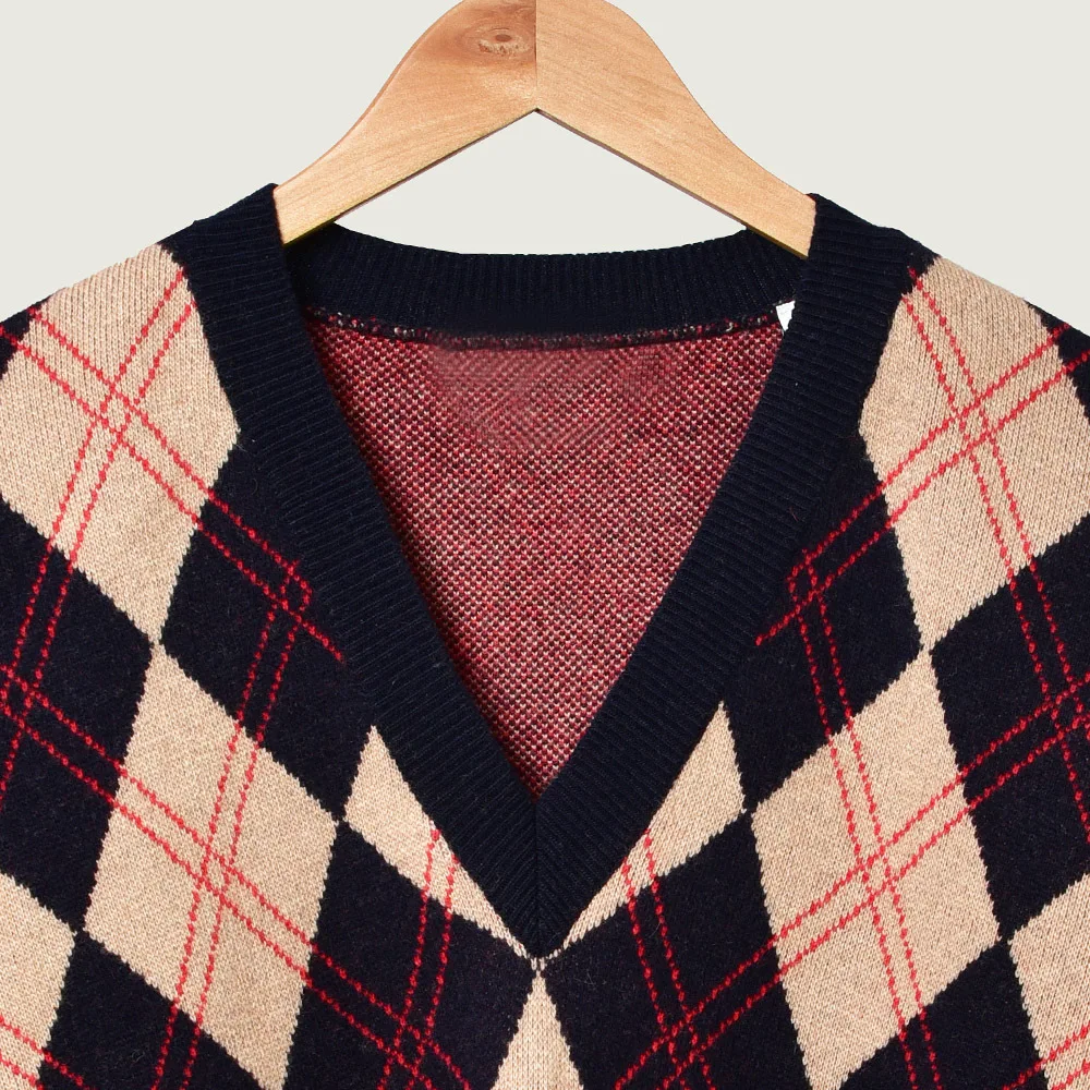 Женский свитер осень и зима ретро v-образный вырез Ромбический жаккардовый шерстяной свитер