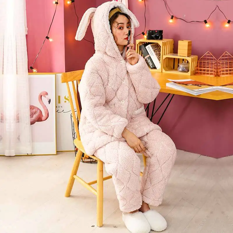 

Winter Women Thicken Coral Fleece Pink Pajamas Set Pyjamas Suit Keep Warm Sleepwear 2PCS Sleep Set Nightwear Casual Soft Hooded Homewear