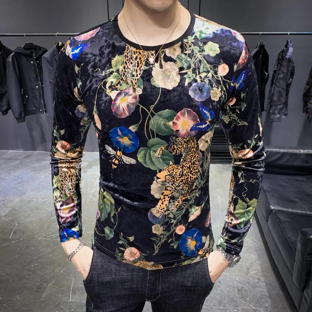 

Winter new men Leopard sweater 2019 warm gold velvet long sleeve pullover Fashion Social slim O-ncek print clothes for male