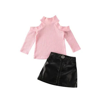 

Children Clothes Set Cute Winter Autumn Clothes set Off Shoulder Knitted Tops+PU Mini Skirt Kids Sweaters 2PCS Outfits