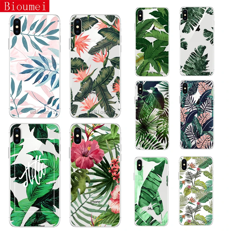 Bioumei Retro Summer Leaf Case For iPhone X XS 7 8 Plus XR XS Max Soft TPU Silicon Color Leave Print Back Cover 68