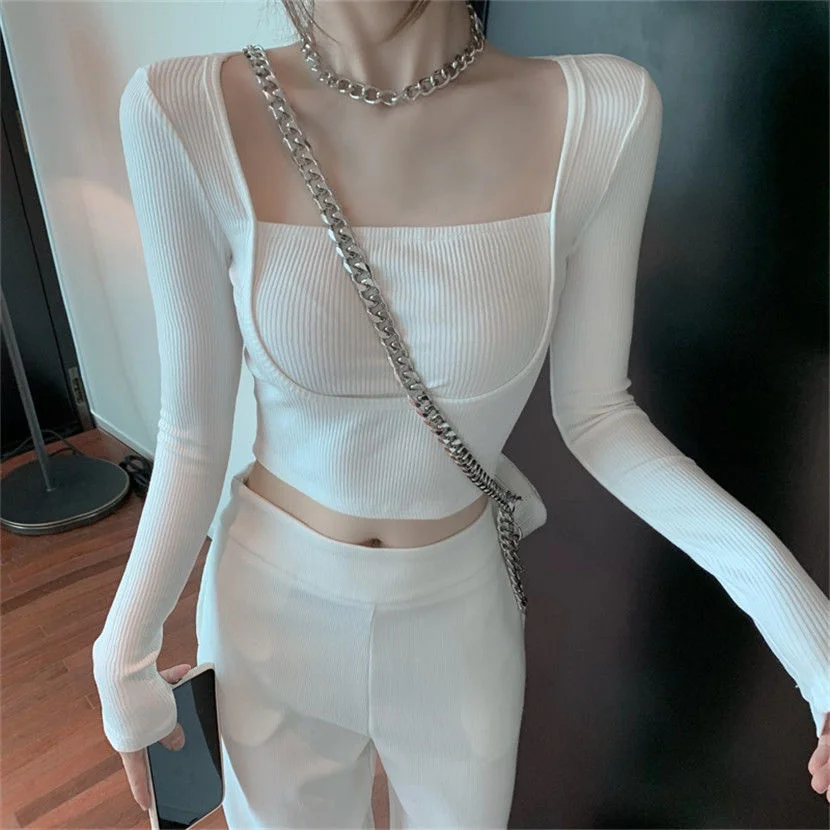 

Fake Two Square Collar Exposed Clavicle Long Sleeve Sexy T Shirt T-shirt Women Tshirt Top Autumn Department Slim Fit Short Tees