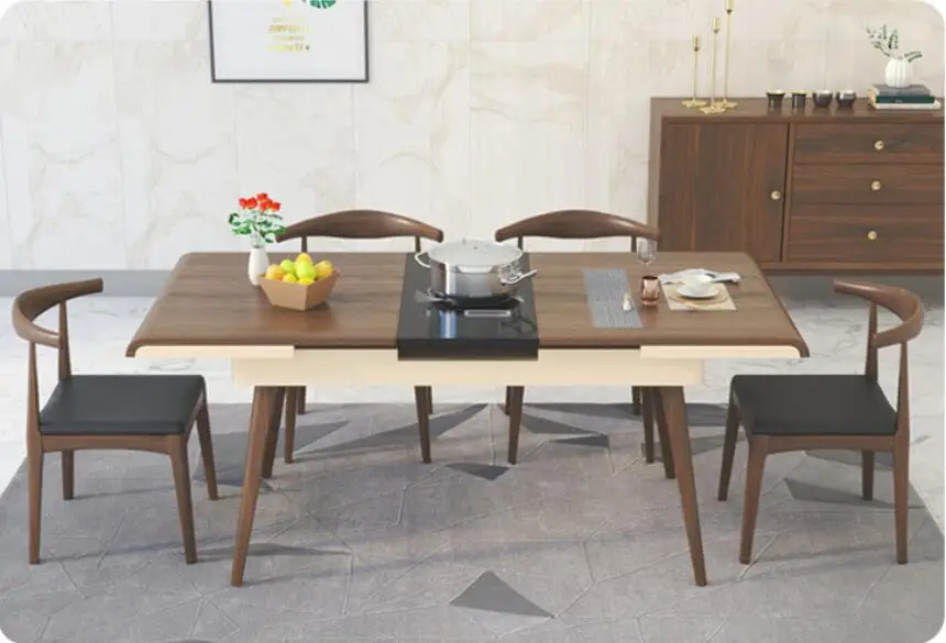 

Nordic telescopic table chair walnut table with induction cooker table solid wood folding multi-functional household, commercial