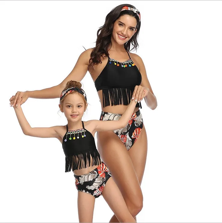 

Tassel Two Pieces Cute Bikini Family Matching Outfits Babay Children Adult Swimwear Bathing Female Swimsuit for Girls