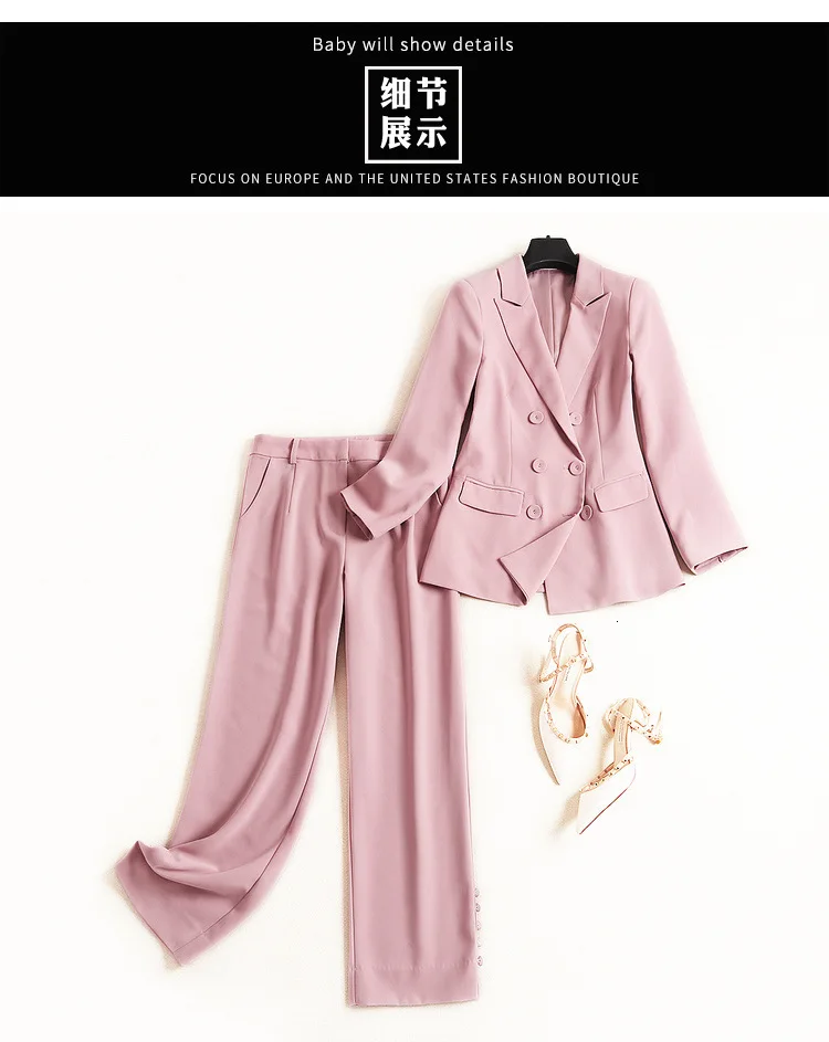 Pants Suit Women's Fall Double-breasted Notched Blazers and Pants High Quality Two-piece Set Pink Clothing