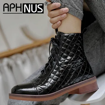 

APHNUS Womens Boots Plaid Short Ankle Booties Flats Low Mid Heels Pumps Woman 2020 Shoes For Women New Boot
