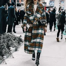 Женское модное клетчатое шерстяное офисное элегантное разноцветное повседневное теплое зимнее пальто размера плюс, длинное пальто 2XL коричневого цвета