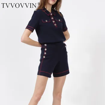 

Runway Designer Two Piece Set Short Pants Sweater Turn-down Collar T Shirt Vintage Short Sleeve Tees Outwear Fashion Sets N032