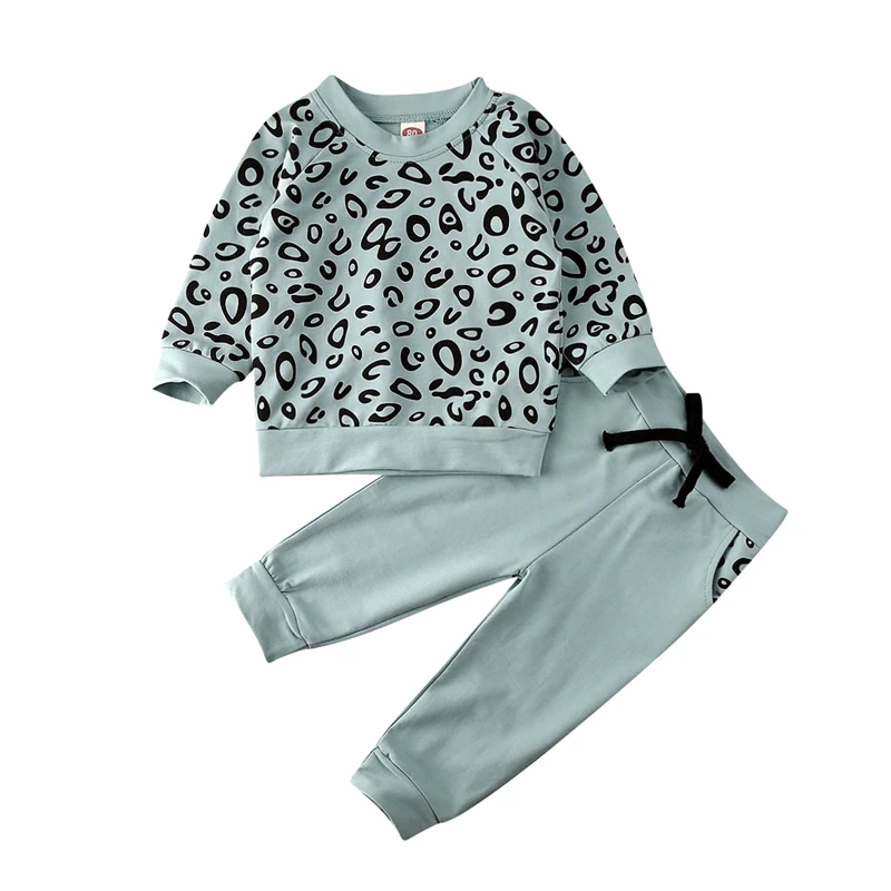 Одежда для маленьких девочек, зимняя одежда с леопардовым принтом для маленьких мальчиков и девочек, свитер+ длинные штаны, комплект одежды - Цвет: Синий