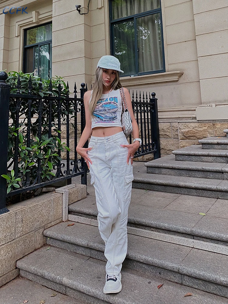 Vintage White Jeans Aesthetic Embroidery Trousers Korean Fashion High Jeans Alt Streetwear E-girl Y2K Baggy Pants