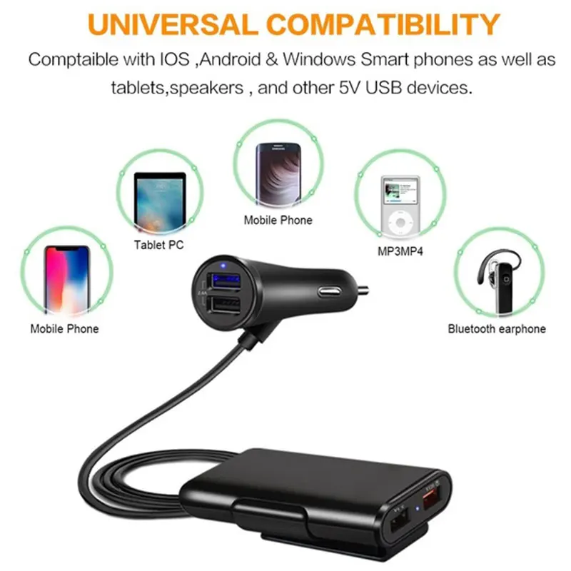 Vehemo автомобильное зарядное устройство 4 порта USB сиденья для автомобилей зарядный адаптер Задний зажим Смарт автомобильное зарядное устройство gps навигатор