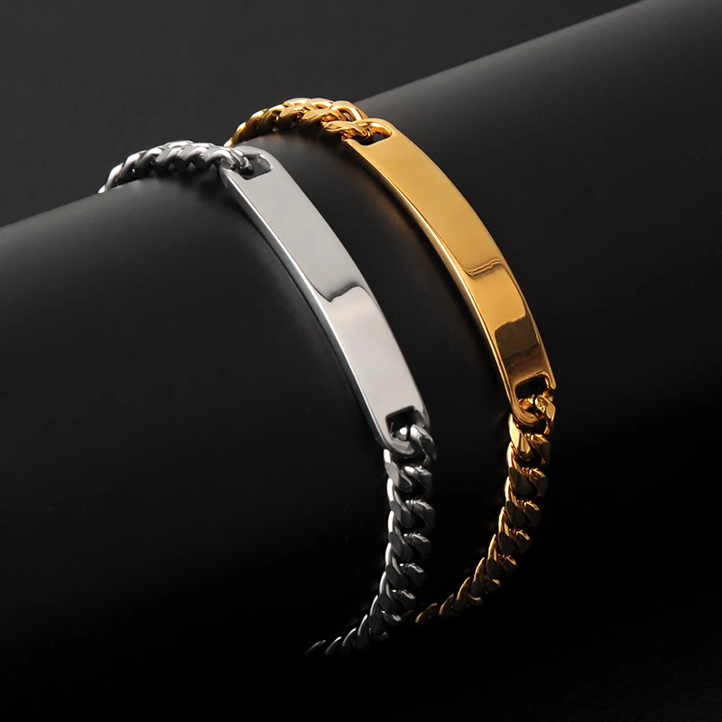 

Personalized Stainless Steel Bracelets Curb Chain ID Men Bracelet In gold white Color Custom Bangle Personalized Bar With Nam