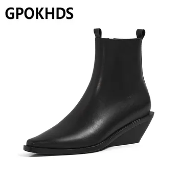 

GPOKHDS 2021 women ankle boots soft Cow leather winter wedges short plush zippers square toe high heels ankle boots party dress