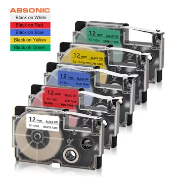 

Absonic 5PCS Mixed Color for Casio XR-12WE XR-12RD XR-12BU XR-12YW XR-12GN Printer Label Ribbon KL-60 KL-120 KL-750 Label Maker