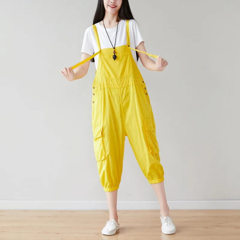 Cargo Pants Mujer Streetwear Women Plus Size Overalls Casual Calf-length Trousers Side Buttons Elastic Bunch Bottom with Pockets