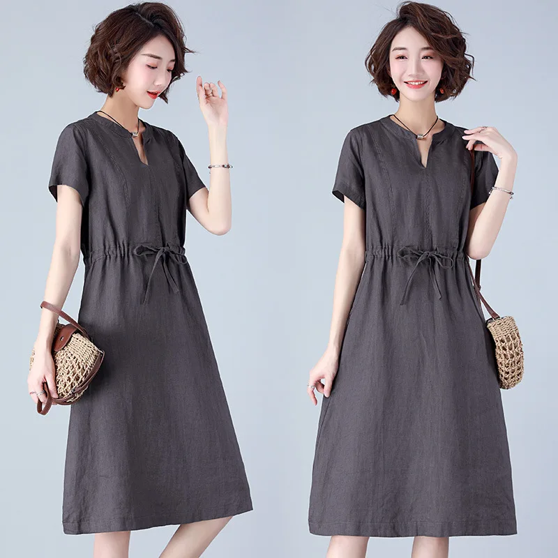 

2019 Summer New Style Comfortable Trend Lace-up Waist Hugging Dress Women's Slimming Mid-length Fashion V-neck A- line Skirt