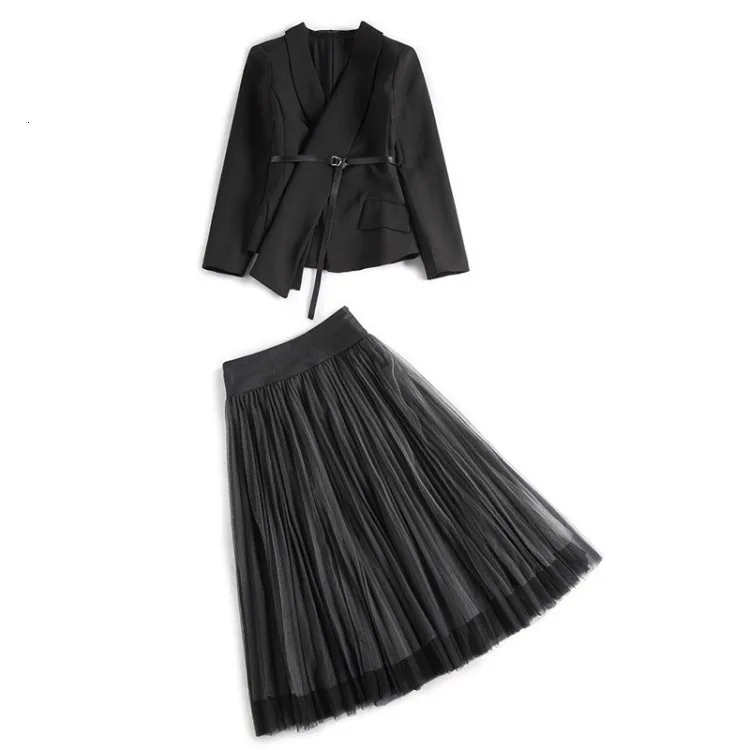 Женский черный из двух частей наборы карманы осенние пояса ассиметричный пиджак костюмы повседневные марлевые костюмы с юбкой