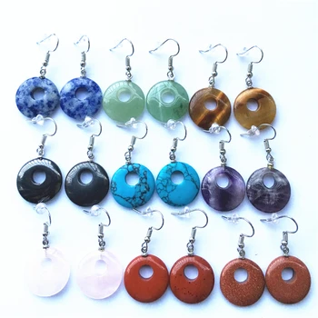 

New Natural Stone Earrings European Woman Lace Amethysts Quartz Turquoises 20MM Circle Stone Dangle Earrings Fashion Jewelry