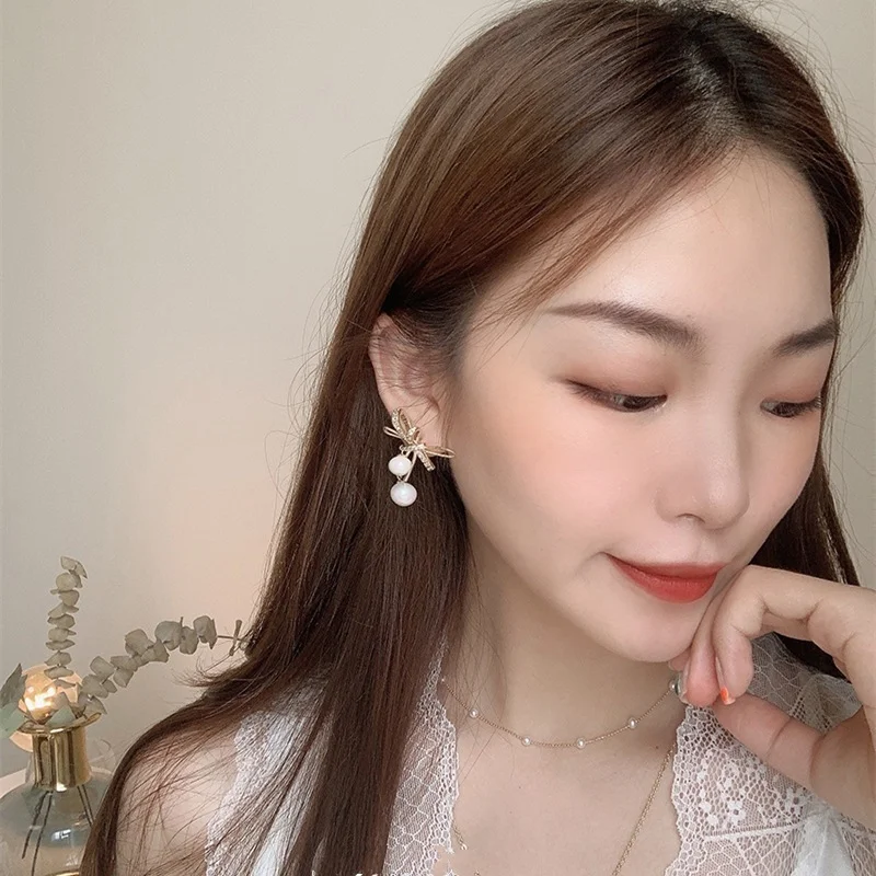Korean Elegant Long Rhinestone Pearl Bow Heart Shaped Dangle Earrings Ins for Female Trend Earings Dress Decor drop earrings dangle earrings long earrings pendant earrings