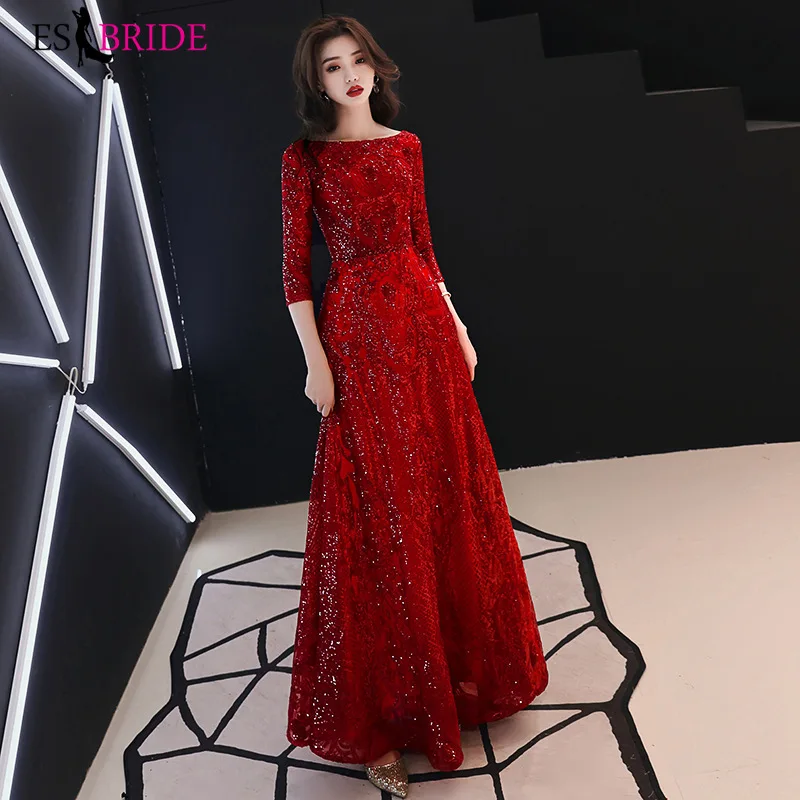 

Red Elegant Evening Dresses 2019 O-neck A-line Half Sleeve Lace Appliques Plus Size Formal Gowns Robe De Soiree