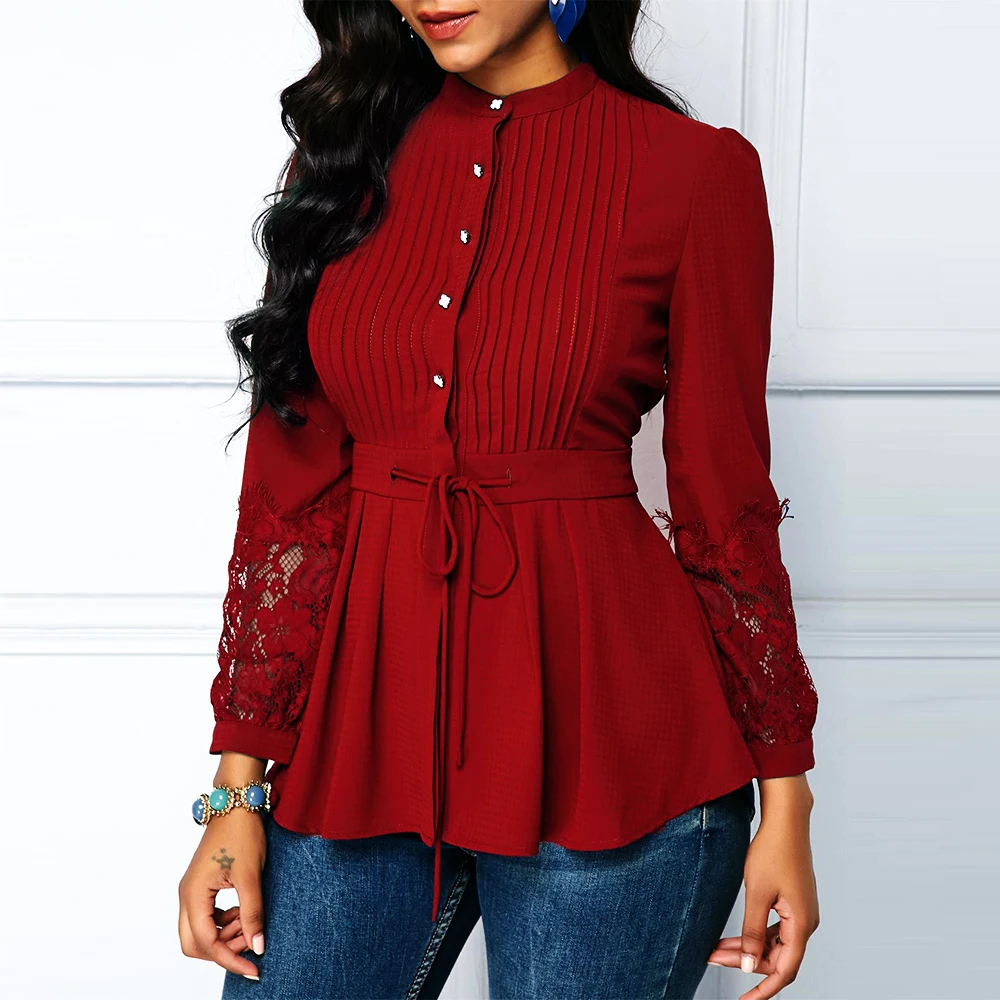 Sexy Hollow Out Lace Blouse And Shirt Women Casual Plus Size Long Sleeve Sashes Office Blousas Mujer De Moda Vintage Slim Tops - Image 4