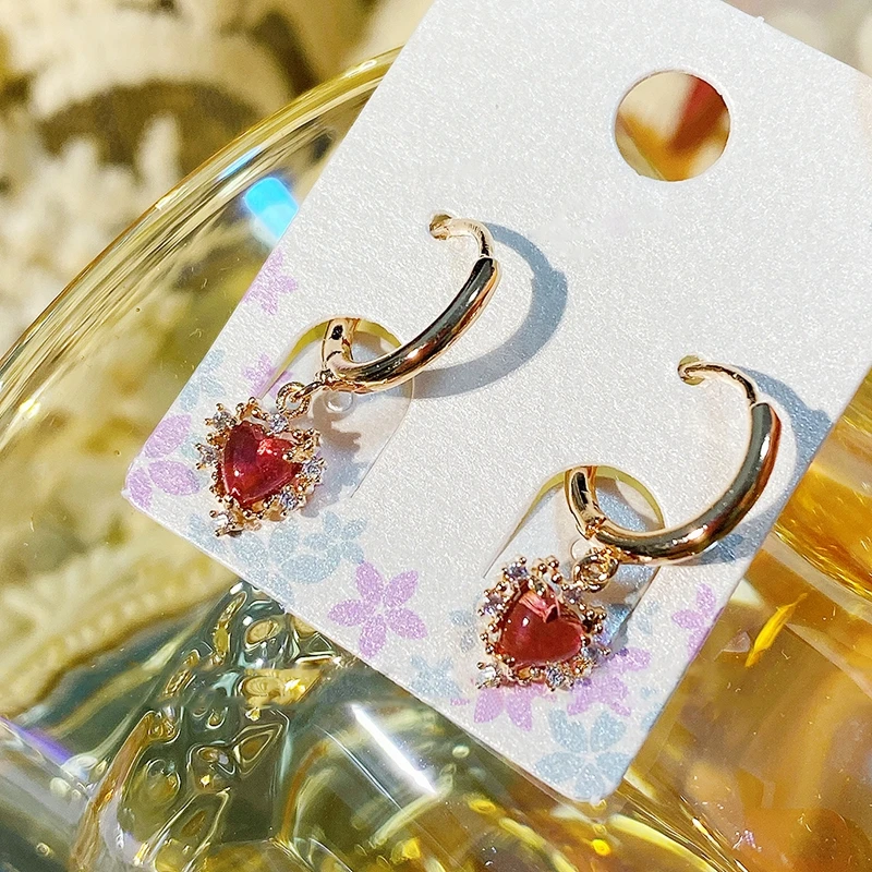 MENGJIQIAO Korean Elegant Cute Red Heart Rhinestone Hoop Earrings For