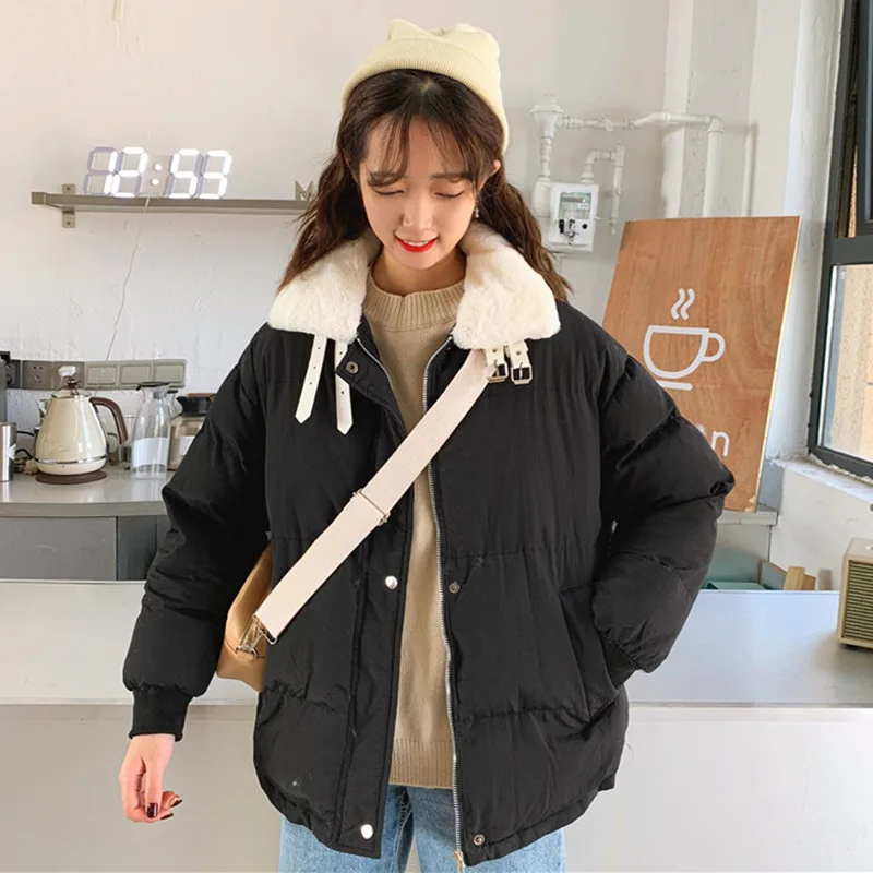 

INS Super Fire Thick down Coat Women's Winter New Style Korean-style Students Loose-Fit Leather Buckle Fur Collar Warm Cotton Ov