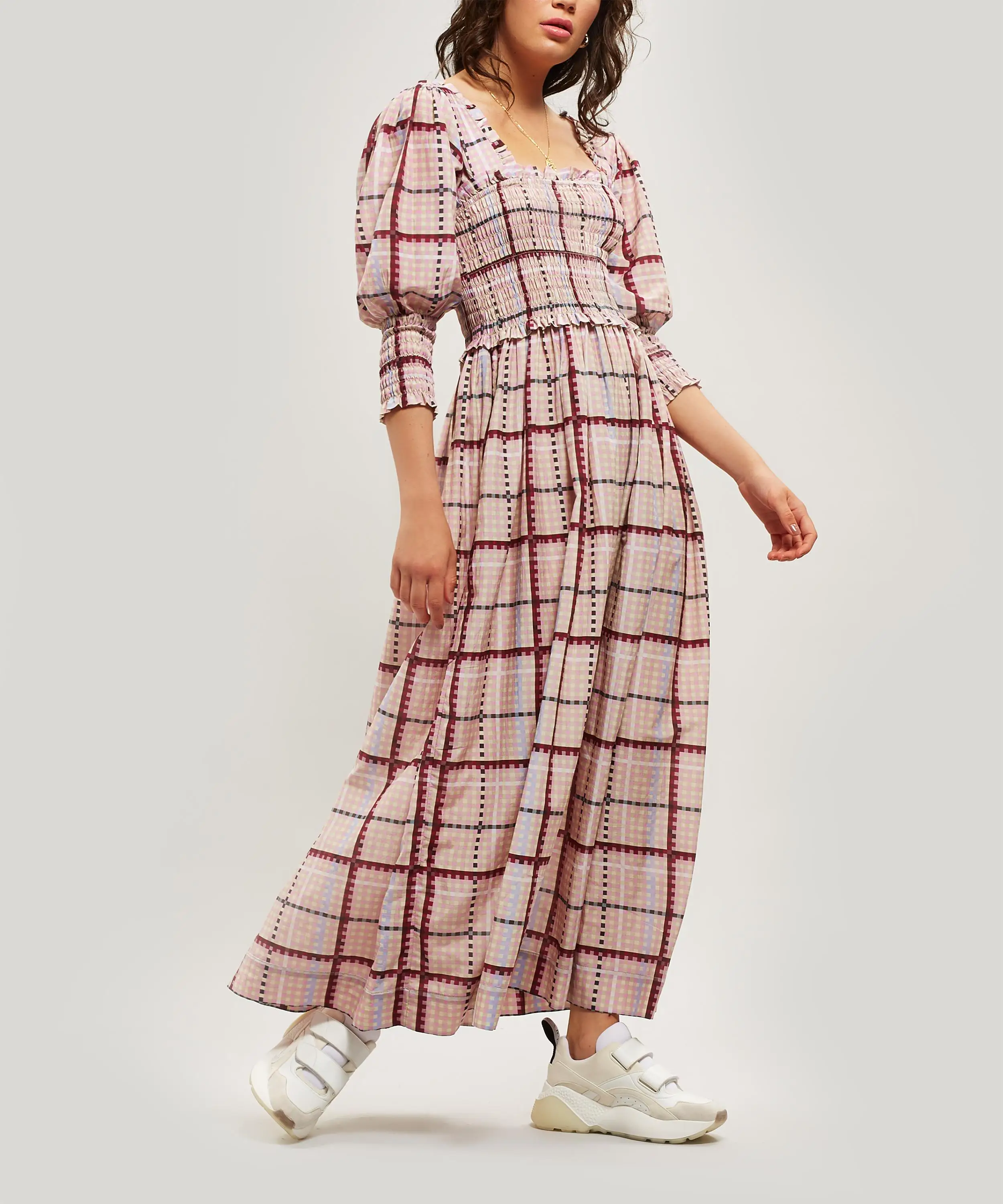 Дизайнерские разноцветные Gingham Smocked шифоновое макси-платье со сборками в клетку хлопок Пышное Платье в стиле ретро с оборками жоржет платье для пикника