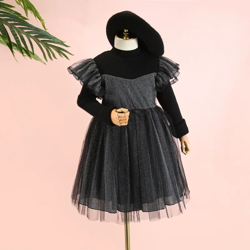 

Girls plus velvet dress 2019 winter new temperament girl bright silk gauze dress children sweater dressthick